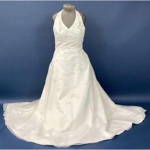 BONE CHIFFON FLORAL WEDDING HALTER GOWN SIZE 16